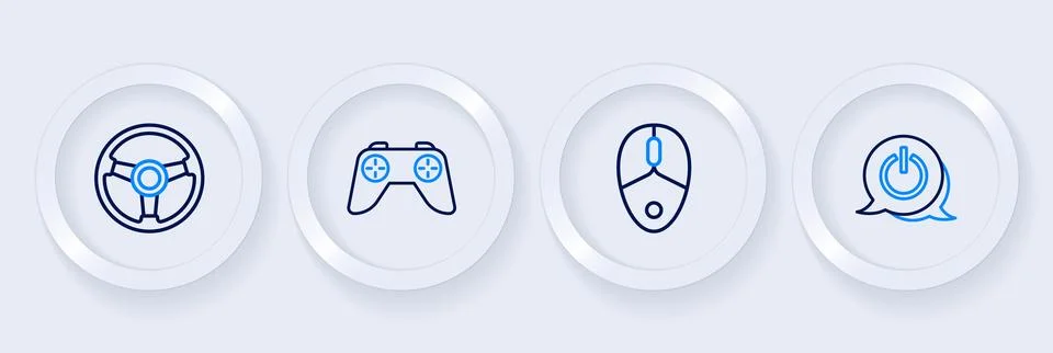 Set line Power button, Computer mouse, Game controller or joystick and Raci.. Stock Illustration