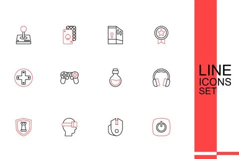 Set line Power button, Computer mouse, Virtual reality glasses, Chess shiel.. Stock Illustration
