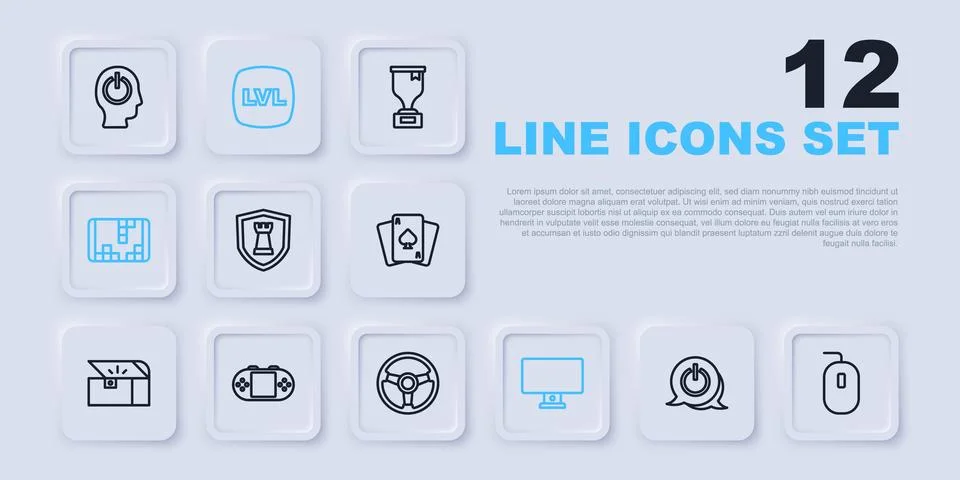 Set line Power button, Computer mouse, Chess shield, monitor, Portable vide.. Illustrazione stock