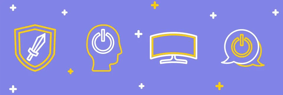 Set line Power button, Computer monitor,  and Sword for game icon. Vector Illustrazione stock