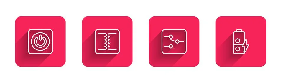 Set line Power button, Electrical transformer, Switch in electronic circuit a Stock Illustration