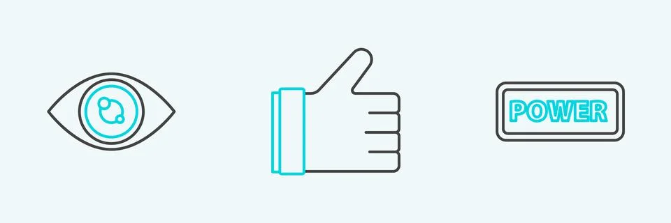 Set line Power button, Eye and Hand like icon. Vector Stock Illustration