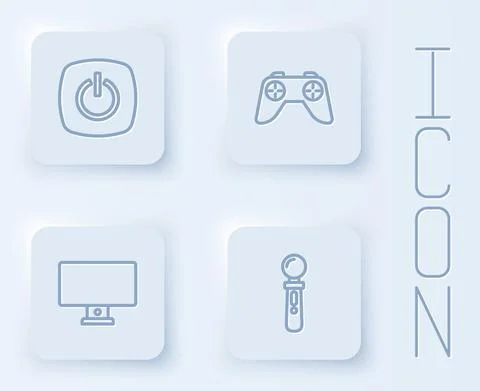 Set line Power button, Game controller or joystick, Computer monitor and VR game Stock Illustration