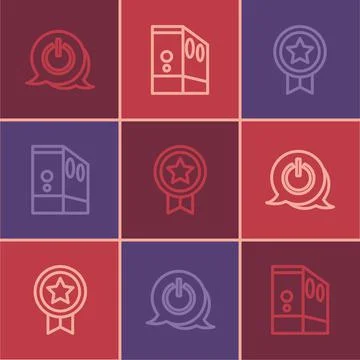 Set line Power button, Game rating with medal and Case of computer icon. Vector Illustrazione stock