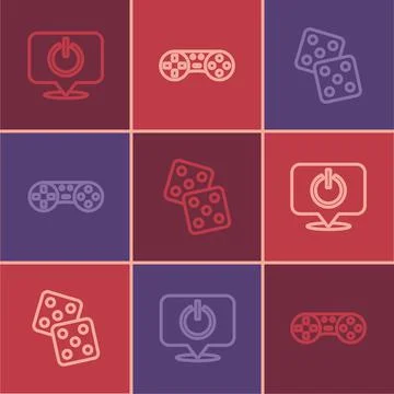Set line Power button, Game dice and controller or joystick icon. Vector Stock Illustration