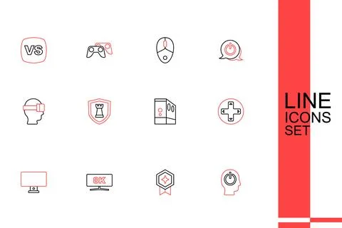 Set line Power button, Game rating with medal, Computer monitor, controller.. Illustrazione stock