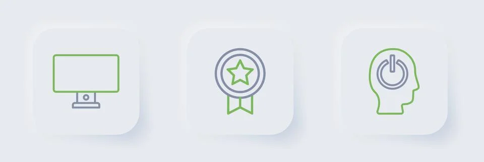 Set line Power button, Game rating with medal and Computer monitor icon. Vect Illustrazione stock