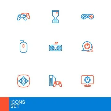 Set line Power button, Game console with joystick, Target sport, Computer m.. Stock Illustration