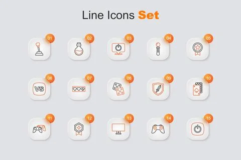 Set line Power button, Game controller or joystick, Computer monitor, ratin.. Illustrazione stock