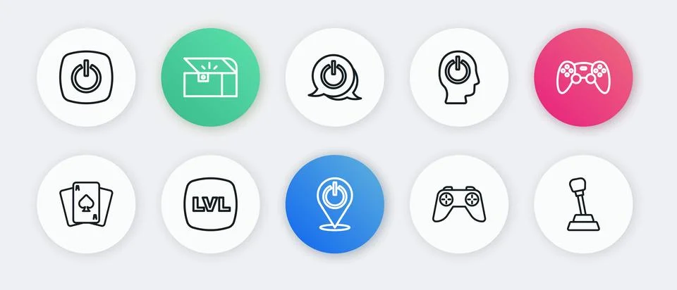 Set line Power button, Game controller or joystick, Playing cards, Gear shi.. 库存插图