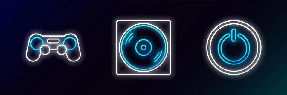 Set line Power button, Gamepad and Vinyl disk icon. Glowing neon. Vector Stock Illustration