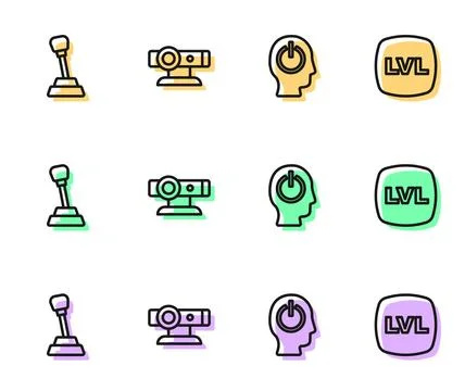 Set line Power button, Gear shifter, Web camera and Level game icon. Vector 스톡 일러스트