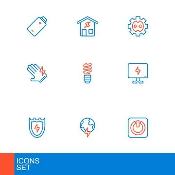 Set line Power button, Global planet with thunderbolt, Lightning and shield.. Stock Illustration