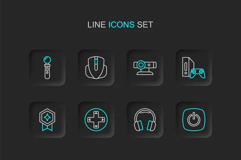 Set line Power button, Headphones, Game controller or joystick, rating with.. Illustrazione stock