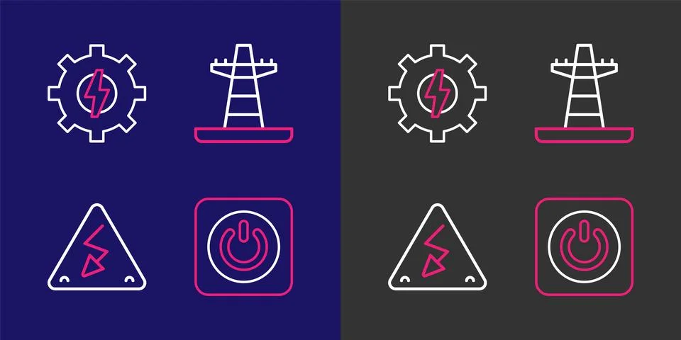 Set line Power button, High voltage, Electric tower line and Gear and light.. Stock Illustration