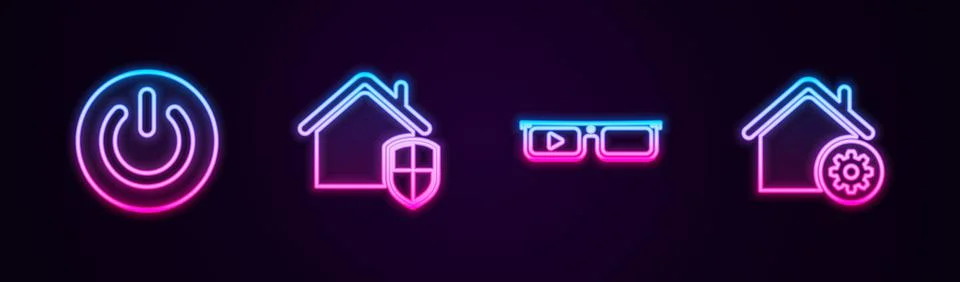 Set line Power button, House under protection, Smart glasses and home settings Stock Illustration