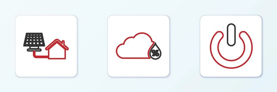 Set line Power button, House with solar panel and Humidity icon. Vector Stock Illustration