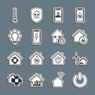 Set line Power button, House with wind turbine, humidity, Mobile and passwo.. Stock Illustration