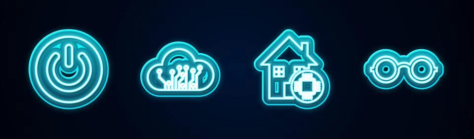 Set line Power button, Internet of things, Smart home and Glasses. Glowing neon Stock Illustration