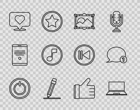 Set line Power button, Laptop, Picture landscape, Pencil with eraser, Like .. イラスト素材