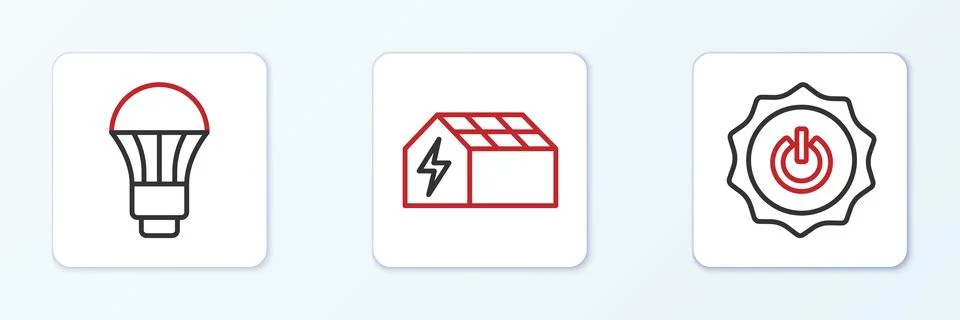 Set line Power button, LED light bulb and Solar energy panel icon. Vector Stock Illustration