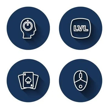 Set line Power button, Level game, Playing cards and Computer mouse with long Stock Illustration