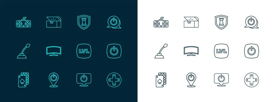 Set line Power button, Level game, Computer monitor, Chess shield, Game con.. Stock Illustration