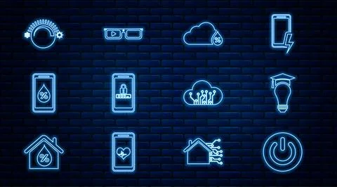 Set line Power button, Light bulb and graduation cap, Humidity, Mobile pass.. Stock Illustration
