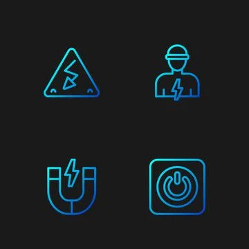 Set line Power button, Magnet, High voltage and Electrician. Gradient color Ilustração Stock