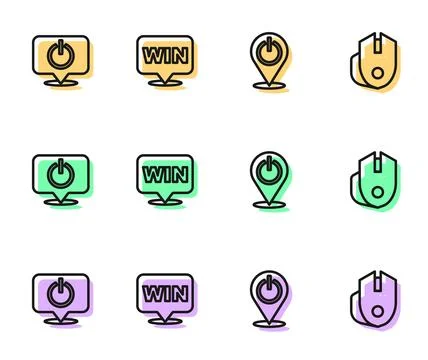 Set line Power button, Medal and Computer mouse icon. Vector Stock Illustration