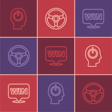 Set line Power button, Medal and Racing simulator icon. Vector Stock Illustration