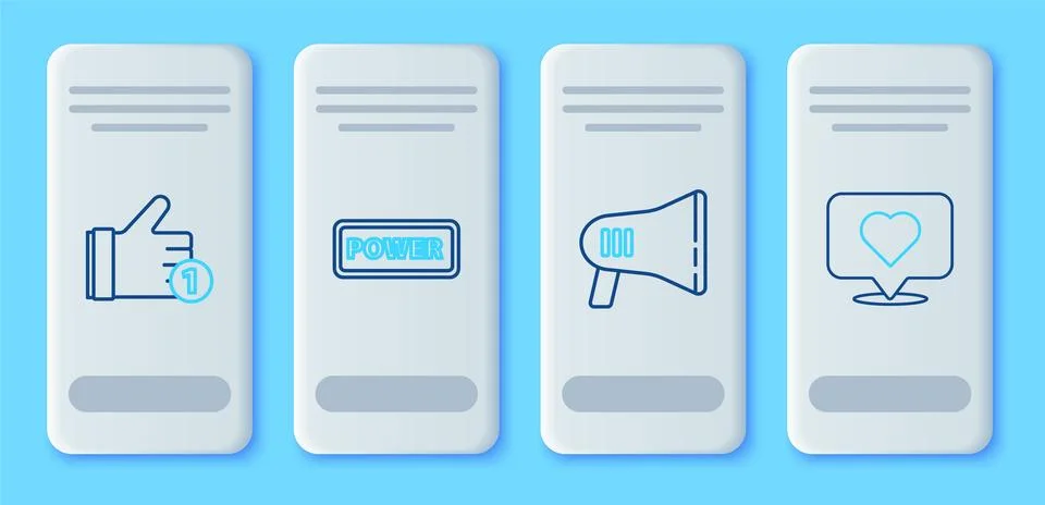 Set line Power button, Megaphone, Hand like and Like heart icon. Vector Stock Illustration