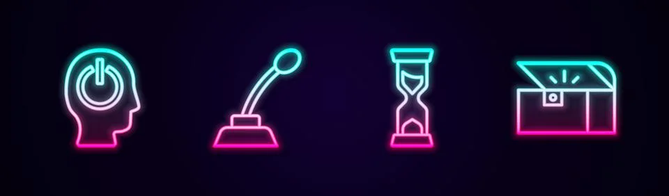 Set line Power button, Microphone, Old hourglass and Chest for game. Glowing Stock Illustration