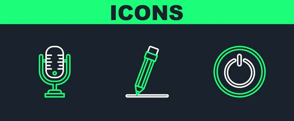 Set line Power button, Microphone and Pencil with eraser icon. Vector Stock Illustration