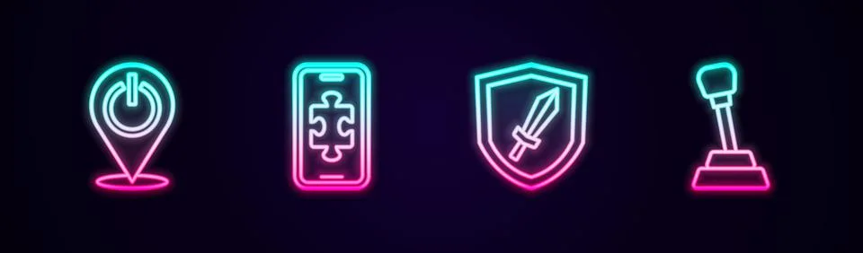 Set line Power button, Mobile gaming, Sword for game and Gear shifter. Glowing Stock Illustration