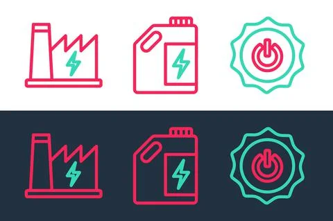 Set line Power button, Nuclear power plant and Eco fuel canister icon. Vector Stock Illustration