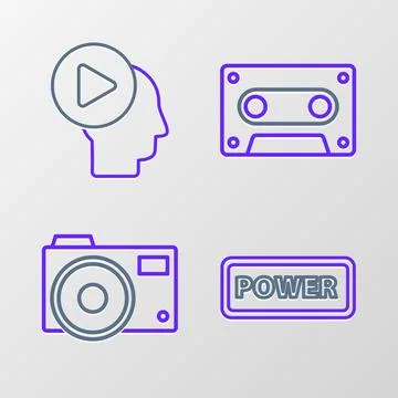 Set line Power button, Photo camera, Retro audio cassette tape and Head peo.. Ilustração Stock