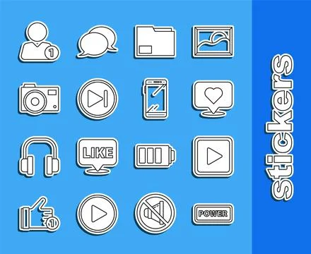 Set line Power button, Play in square, Like and heart, Document folder, Fast Ilustración de archivo
