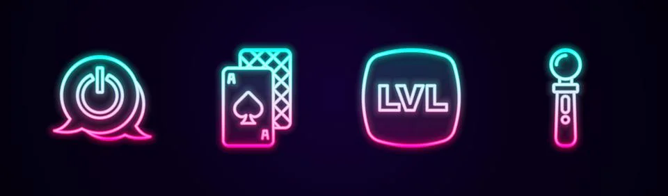 Set line Power button, Playing cards, Level game and VR controller. Glowing neon Ilustração Stock