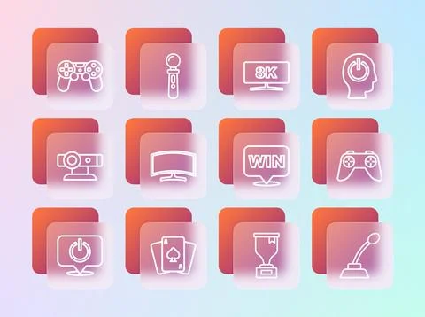Set line Power button, Playing cards, Medal, Award cup, Computer monitor, G.. Stock Illustration