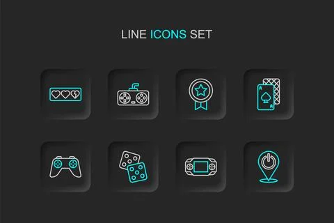 Set line Power button, Portable video game console, Game dice, controller j.. Stock Illustration