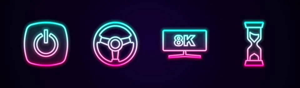Set line Power button, Racing simulator, Computer monitor and Old hourglass Illustrazione stock