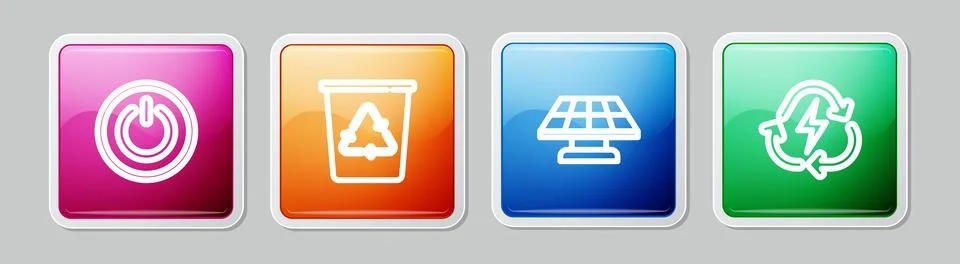 Set line Power button, Recycle bin with recycle, Solar energy panel and Bat.. Stock Illustration