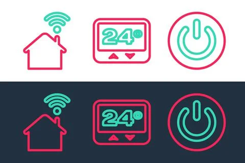 Set line Power button, Smart home with wi-fi and Thermostat icon. Vector Stock Illustration