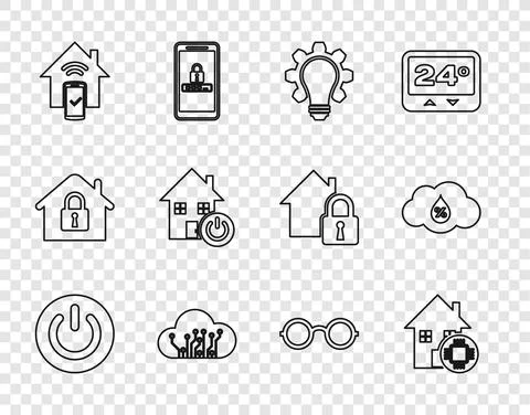 Set line Power button, Smart home, Light bulb and gear, Internet of things Stock Illustration