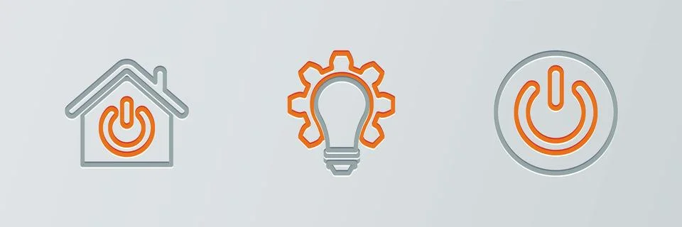 Set line Power button, Smart home and Light bulb and gear icon. Vector Stock Illustration