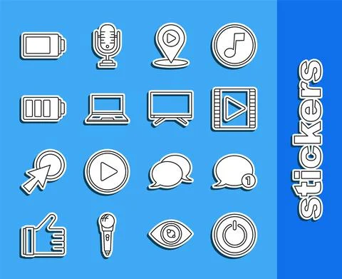 Set line Power button, Speech bubble chat, Play Video, Digital media play with Ilustração Stock