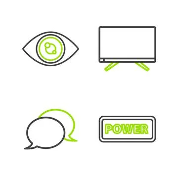 Set line Power button, Speech bubble chat, Smart Tv and Eye icon. Vector Stock Illustration