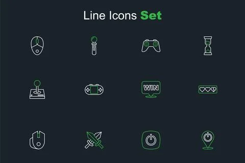 Set line Power button, Sword for game, Computer mouse, Game life bar, Medal.. Illustrazione stock