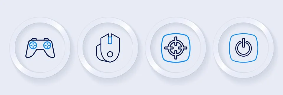 Set line Power button, Target sport, Computer mouse and Game controller joy.. Stock Illustration